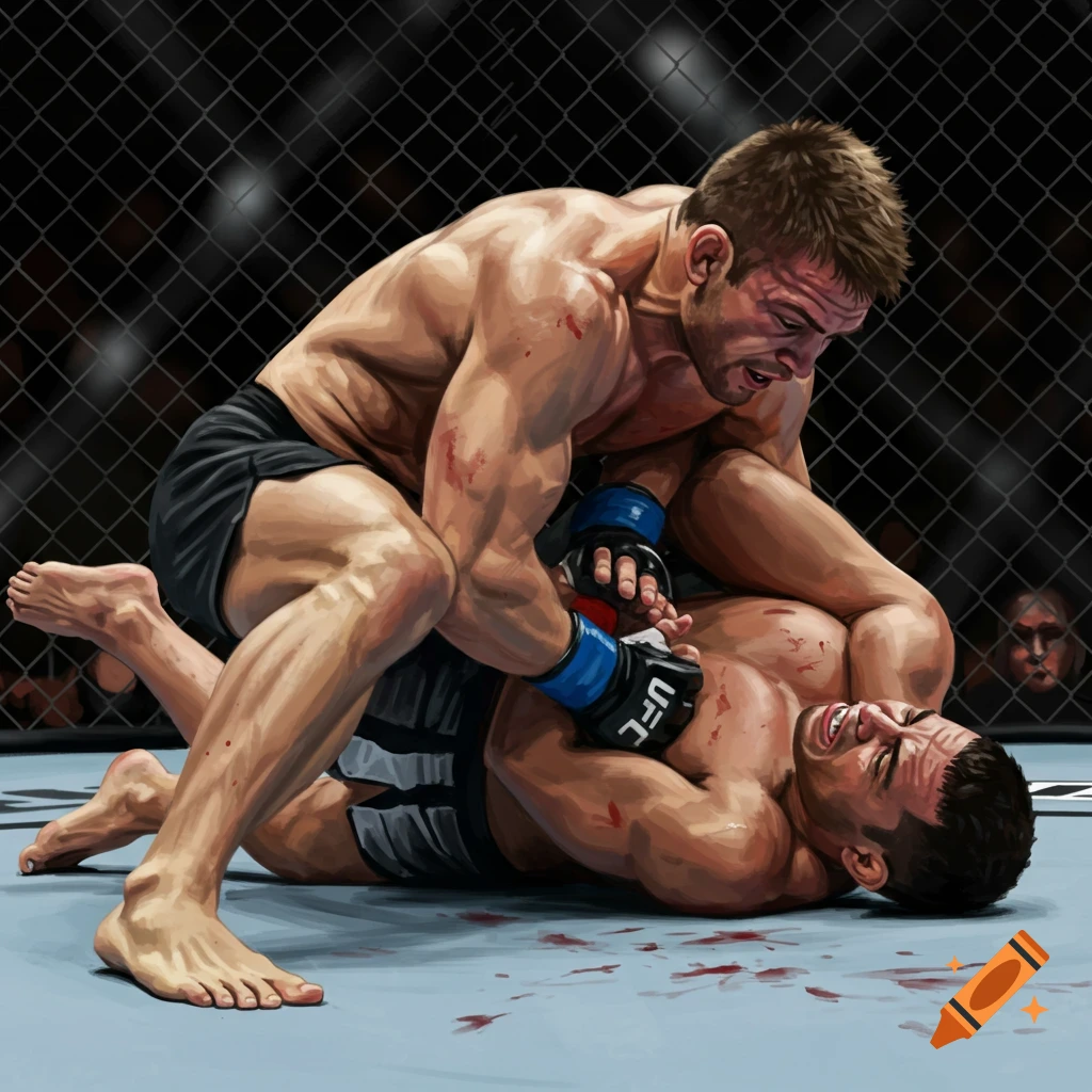 Illustration of two MMA fighters in a cage, one applying a triangle choke submission hold.