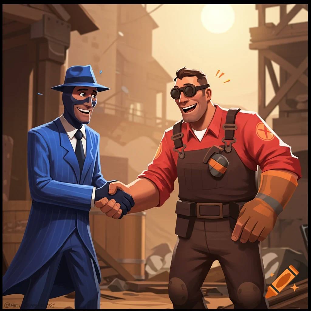 Cartoon image of Team Fortress 2 characters Spy and Engineer shaking hands outdoors.