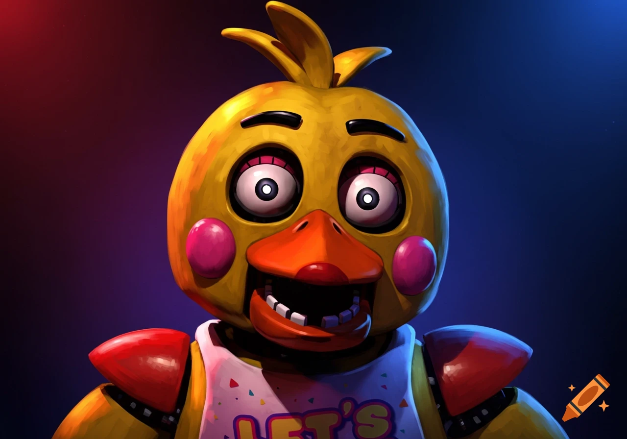 Close up of the Chica animatronic from Five Nights at Freddy's.