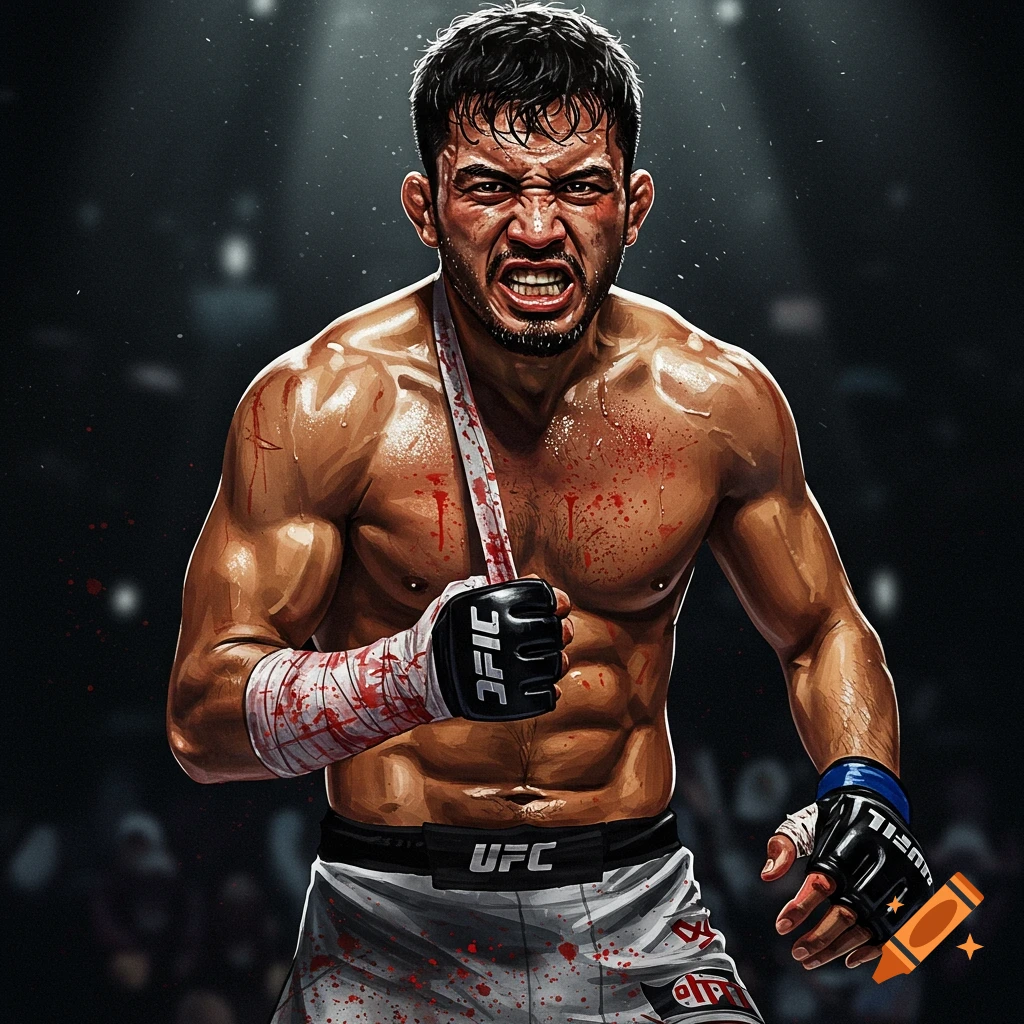 Illustration of a muscular MMA fighter covered in blood and sweat, with a fierce expression.
