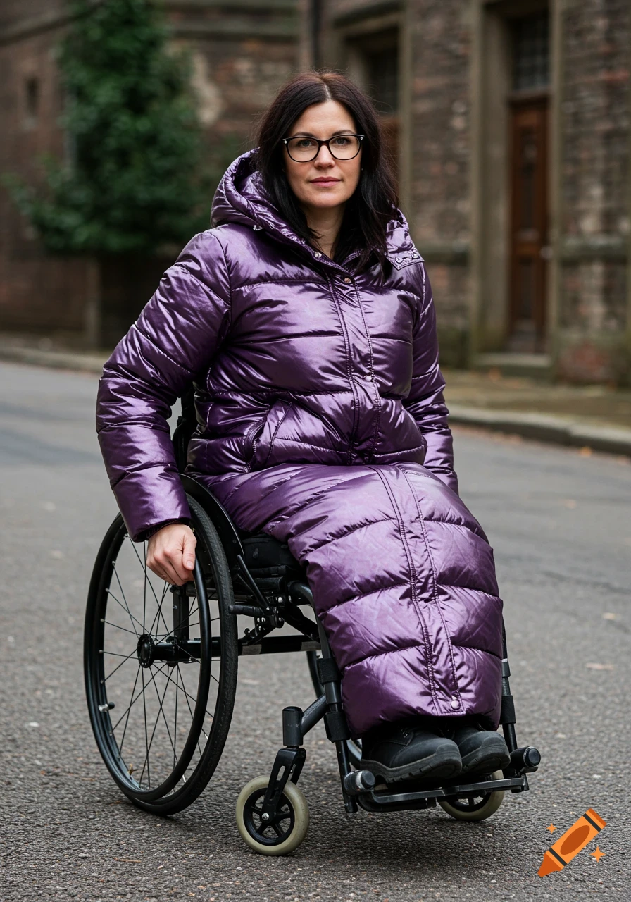 Woman in a shiny purple coat sitting in a wheelchair on a street.