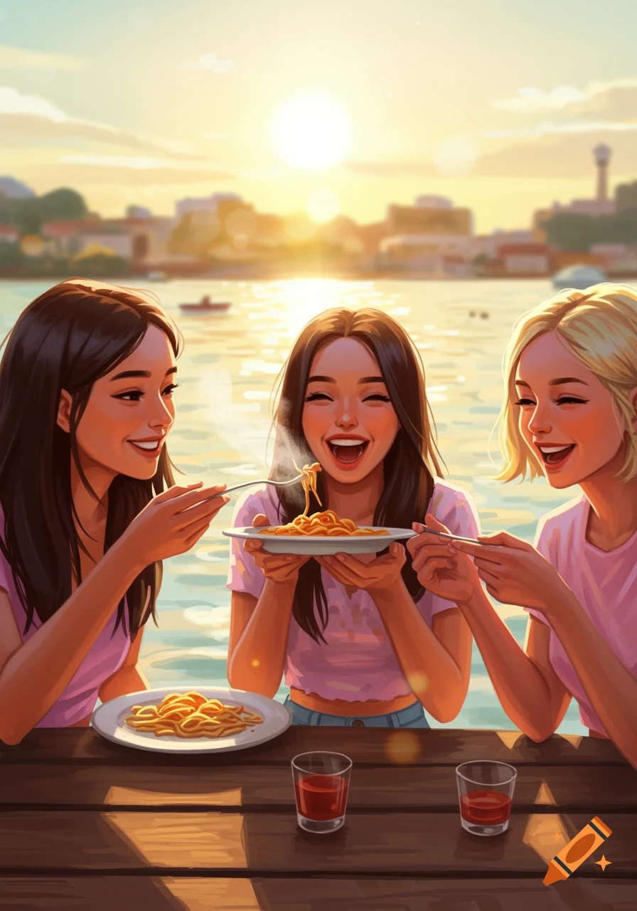 Illustration of three friends eating pasta by the water at sunset.