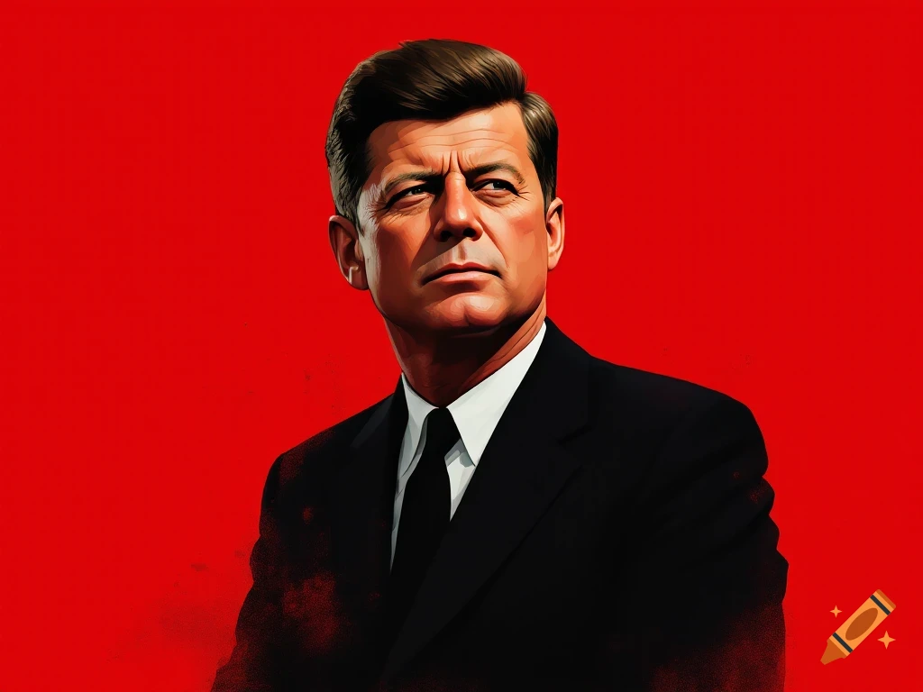 Stylized portrait of John F. Kennedy in a suit against a red background.