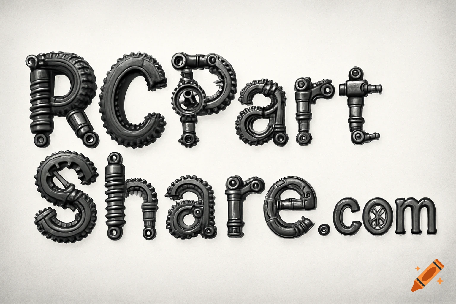 The text RCPartShare.com formed from black and white RC car parts.
