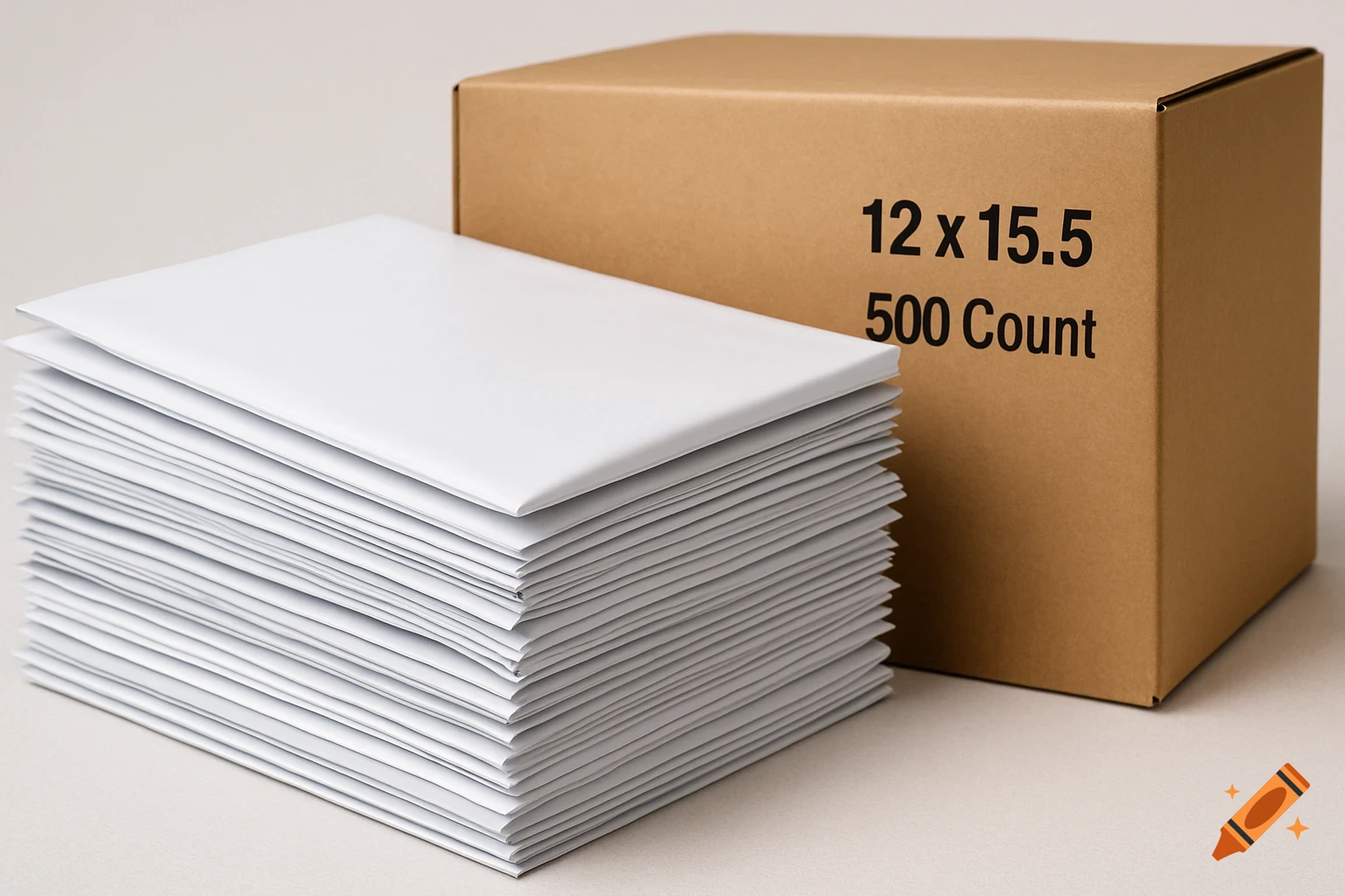 A stack of white envelopes next to a cardboard box printed with '12 x 15.5' and '500 Count'.