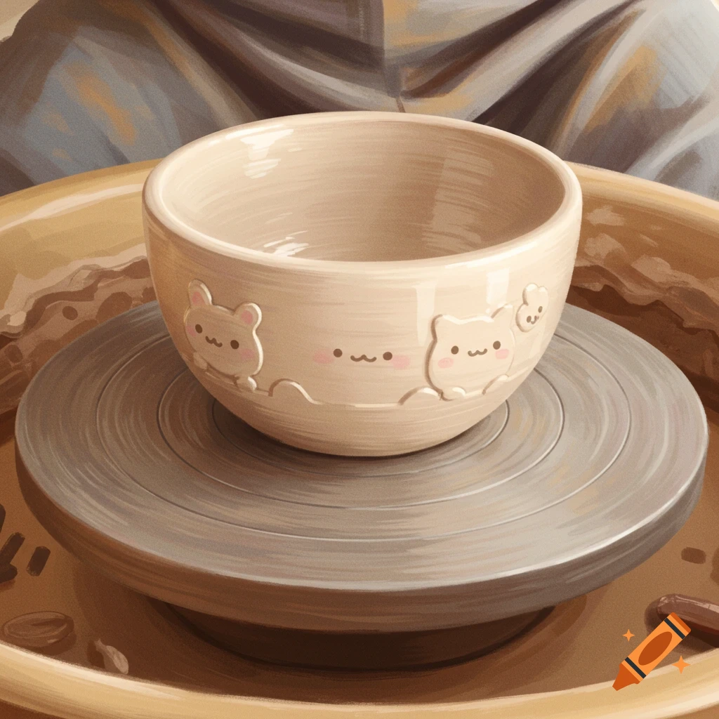 Kawaii pottery bowl on a pottery wheel
