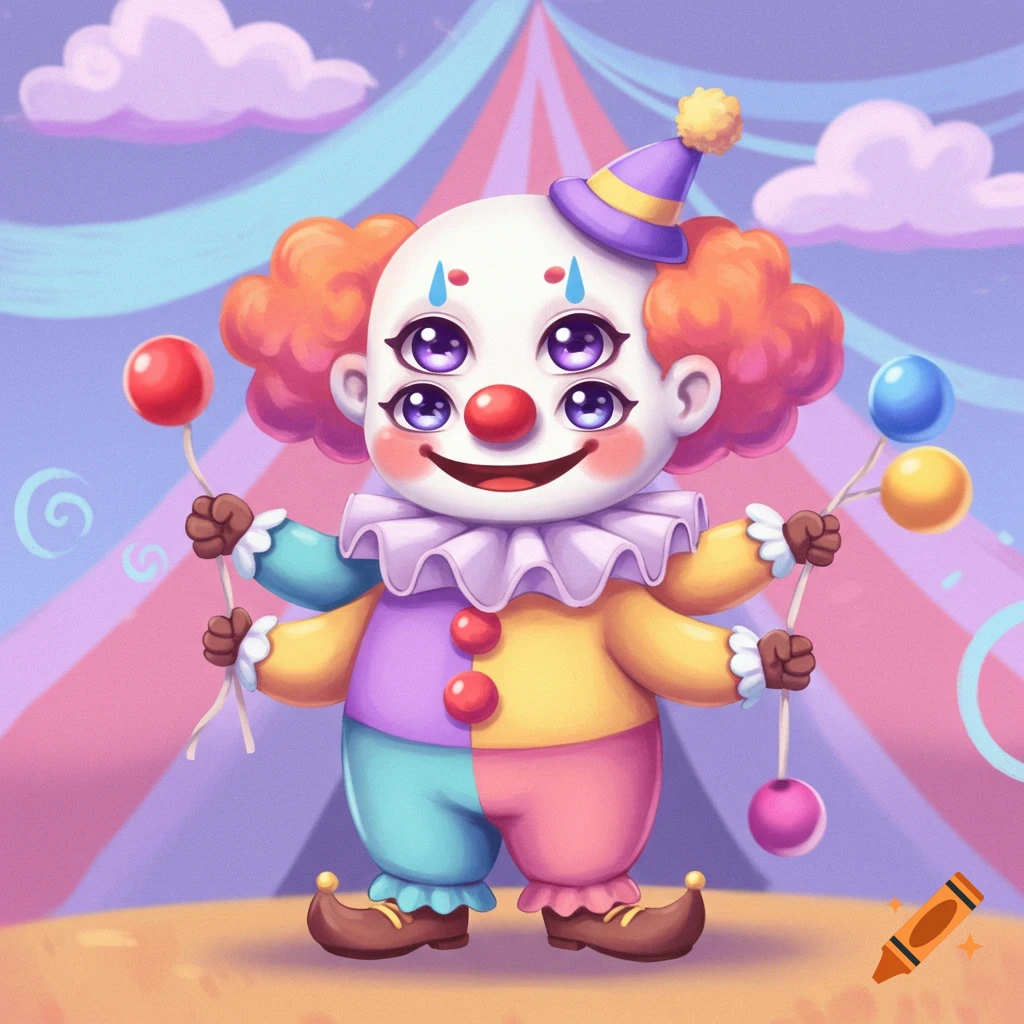 A cute cartoon clown with four eyes and four arms holds colorful balloons in a circus tent.
