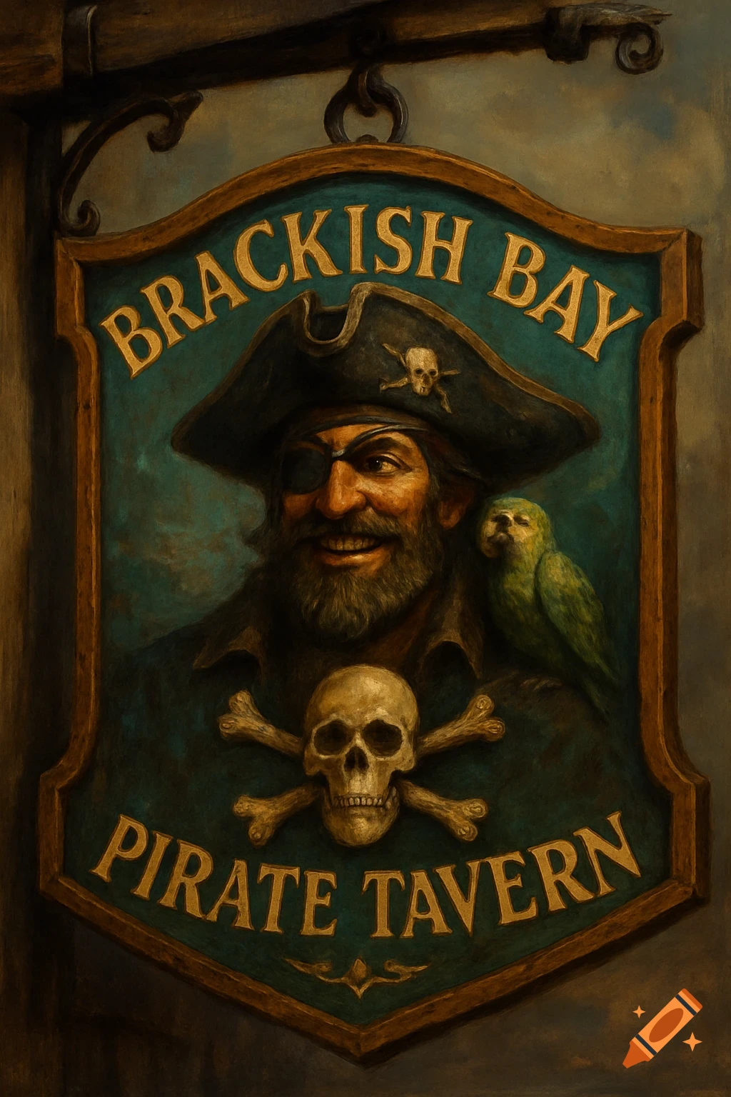 A painterly sign for Brackish Bay Pirate Tavern featuring a pirate, a parrot, and a skull and crossbones.
