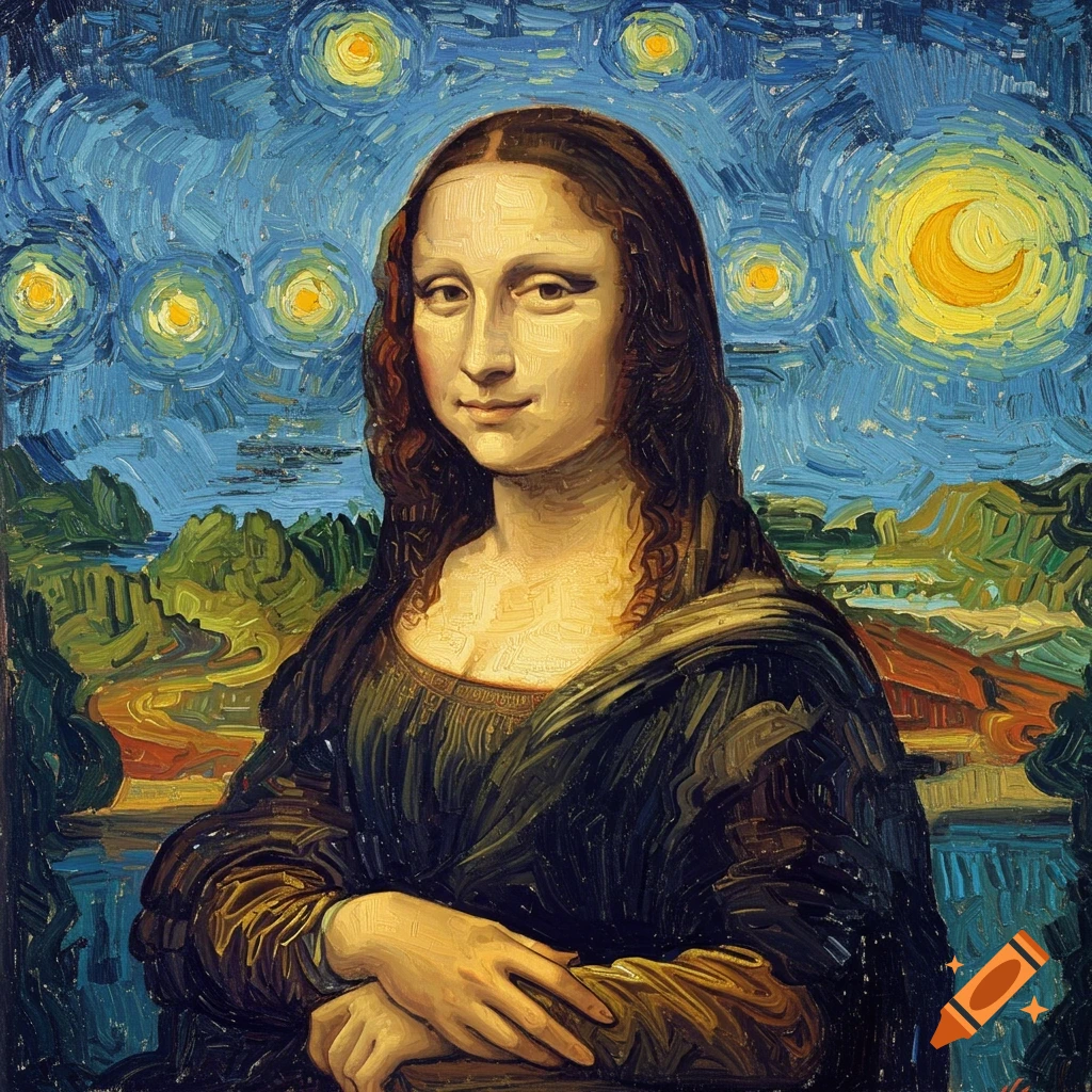 Mona Lisa painting in the style of Van Gogh's Starry Night, with swirling blue skies and landscape.