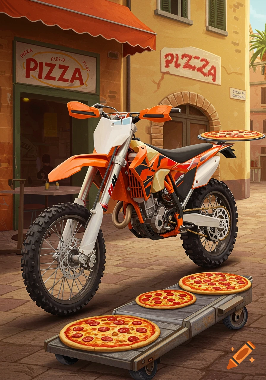 Illustration of an orange and white KTM dirt bike with pizzas on it and on a tray in front of a pizza shop.