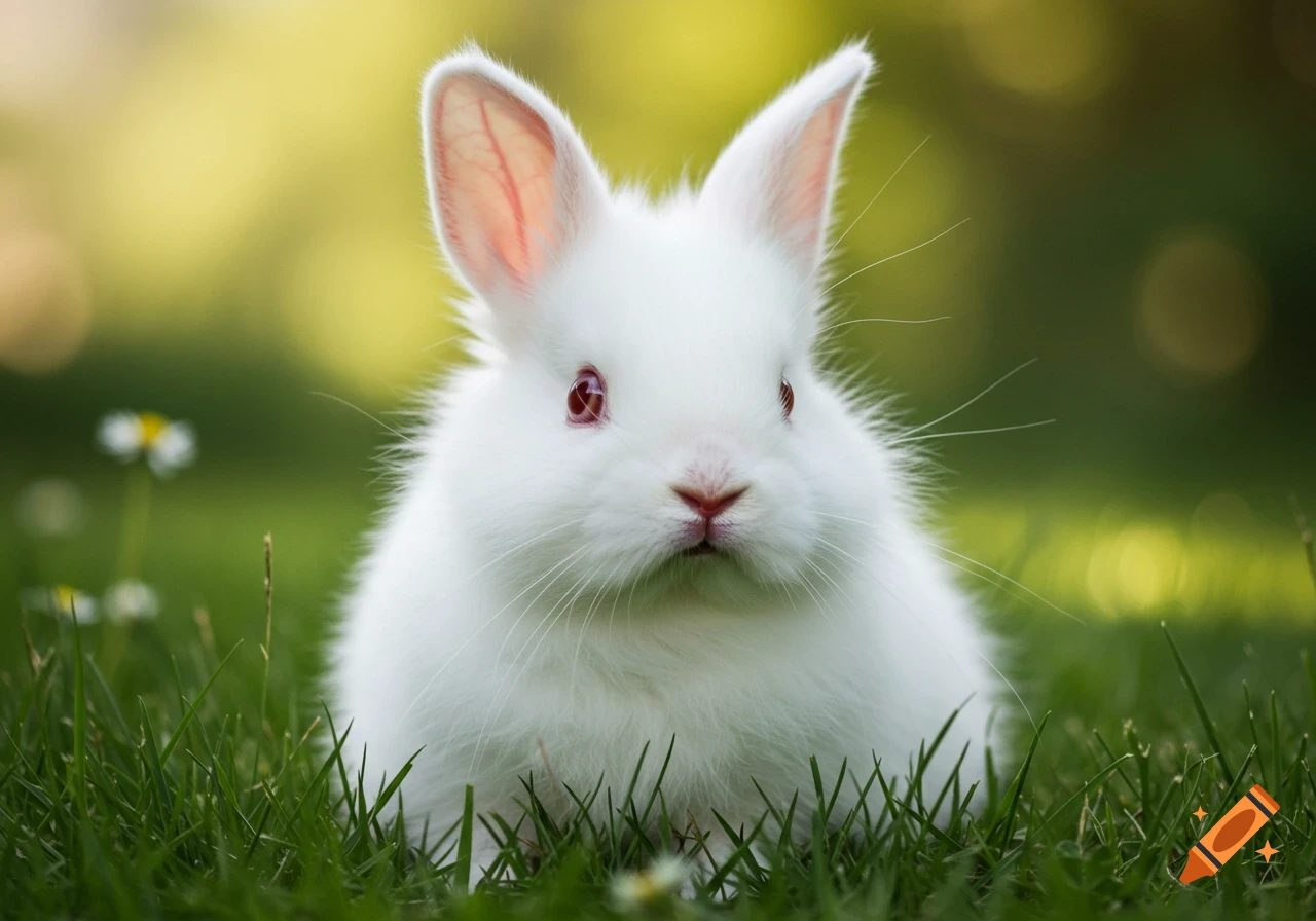 A fluffy white rabbit sits in green grass.