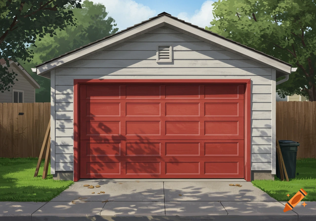 A residential garage with a red door on a sunny day in a digital art style.