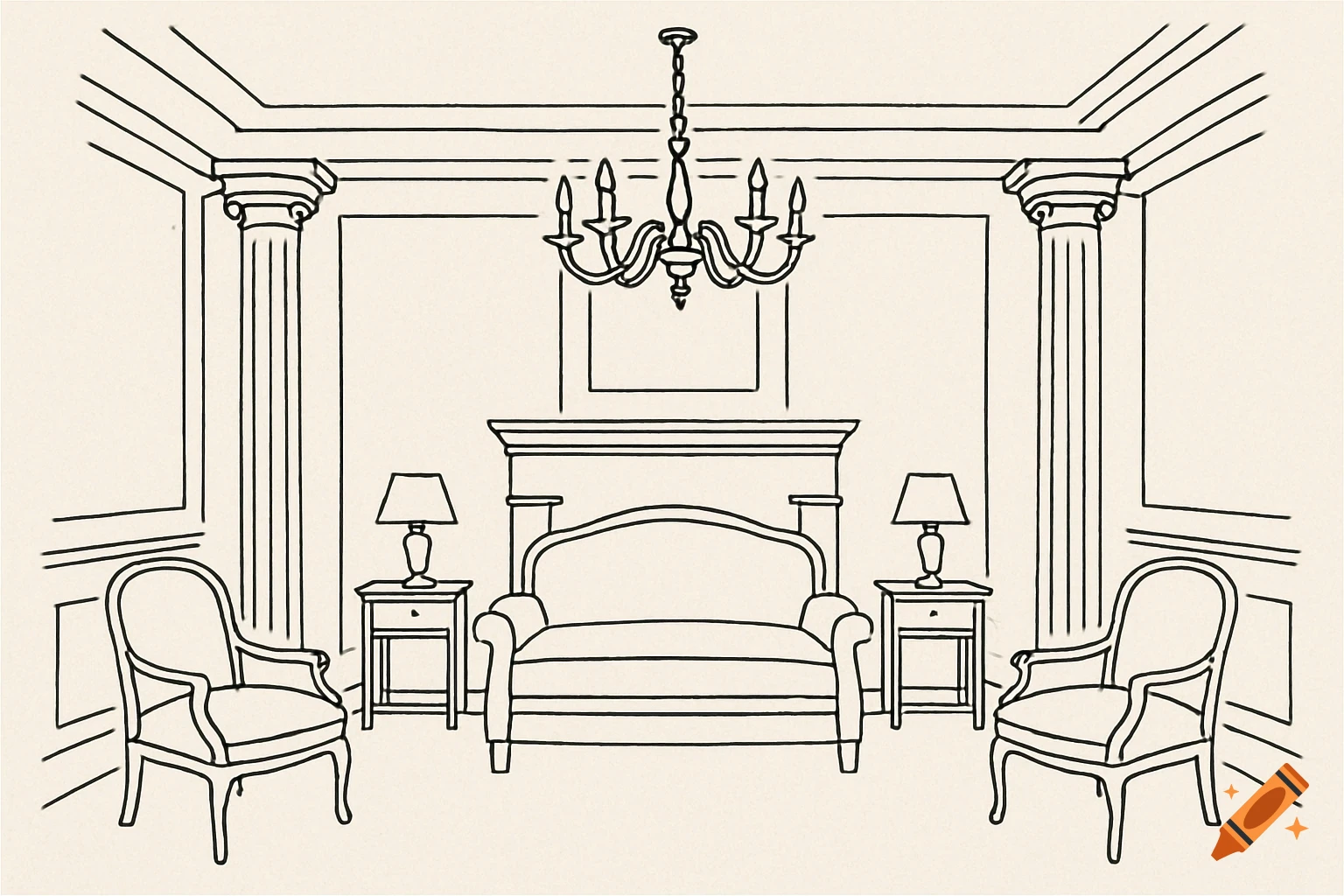Simple line drawing of a classical room interior with two columns, a fireplace, chandelier, sofa, and two chairs.