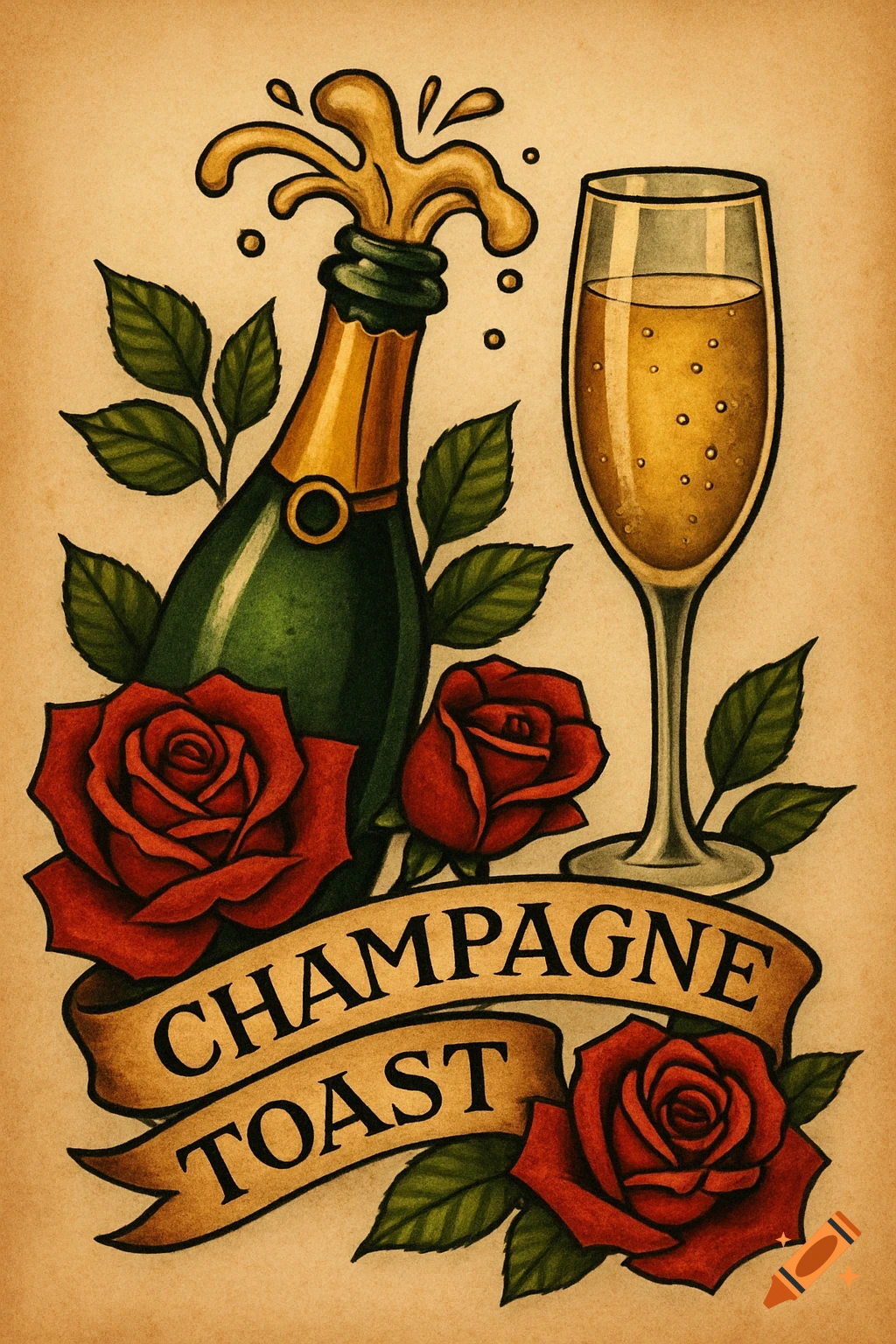 Tattoo style illustration of a champagne bottle, glass, roses, and banner with 'CHAMPAGNE TOAST'.
