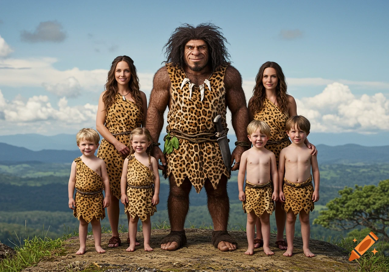 A family of cavepeople wearing leopard skins stands on a hilltop against a landscape and sky.
