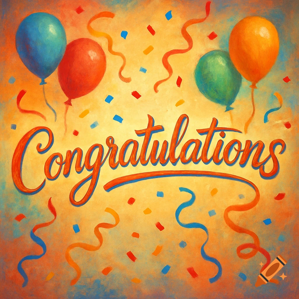 A painterly illustration of balloons, confetti, and ribbons around ...