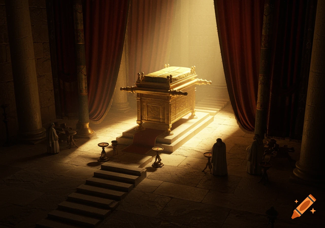 Golden Ark of the Covenant illuminated by light beams in a temple with figures