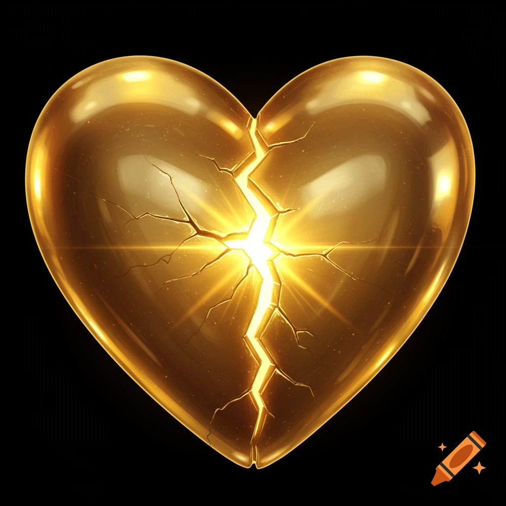 A shiny golden heart with a large crack down the middle, emitting bright golden light from the crack.