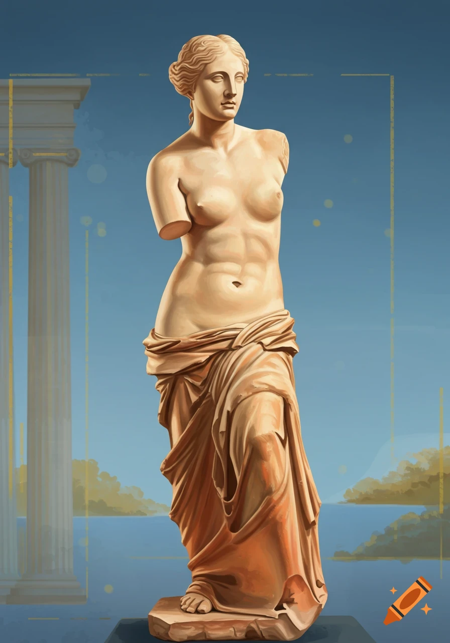 A statue of Venus de Milo stands in an ancient outdoor setting with columns and water in the background.