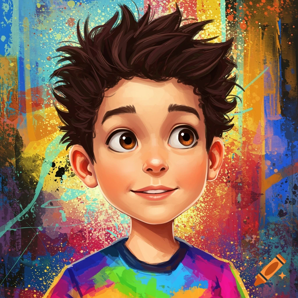 Cartoon portrait of a smiling boy with spiky brown hair against a ...
