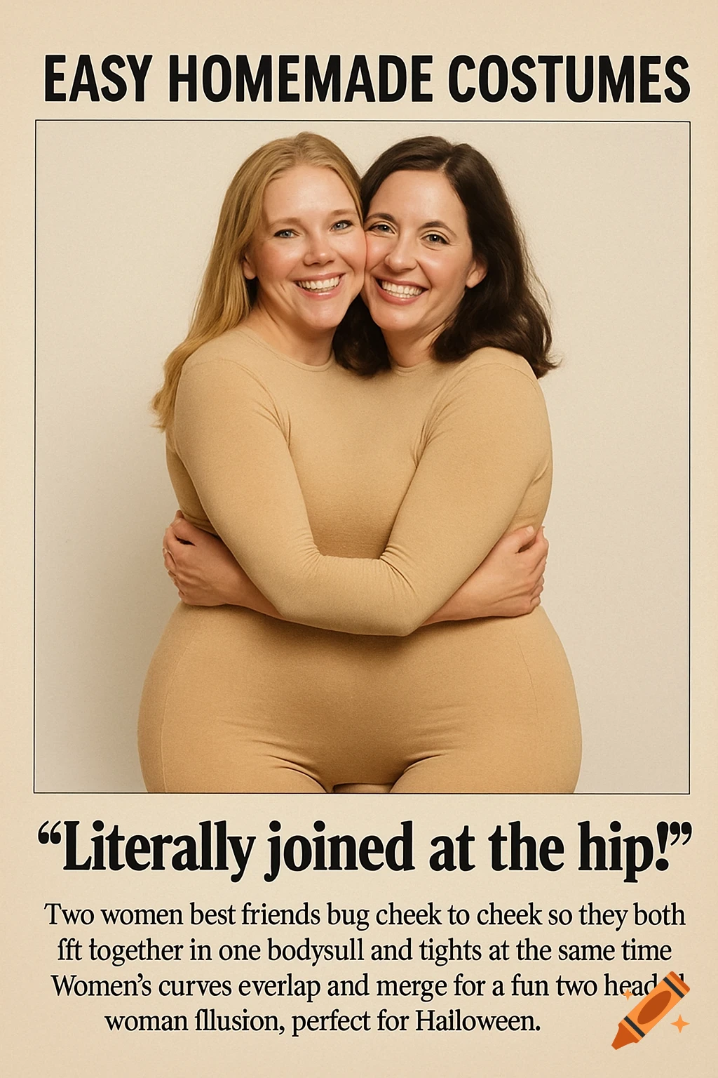 Two women wearing a shared tan bodysuit costume, with text 'EASY HOMEMADE COSTUMES'.