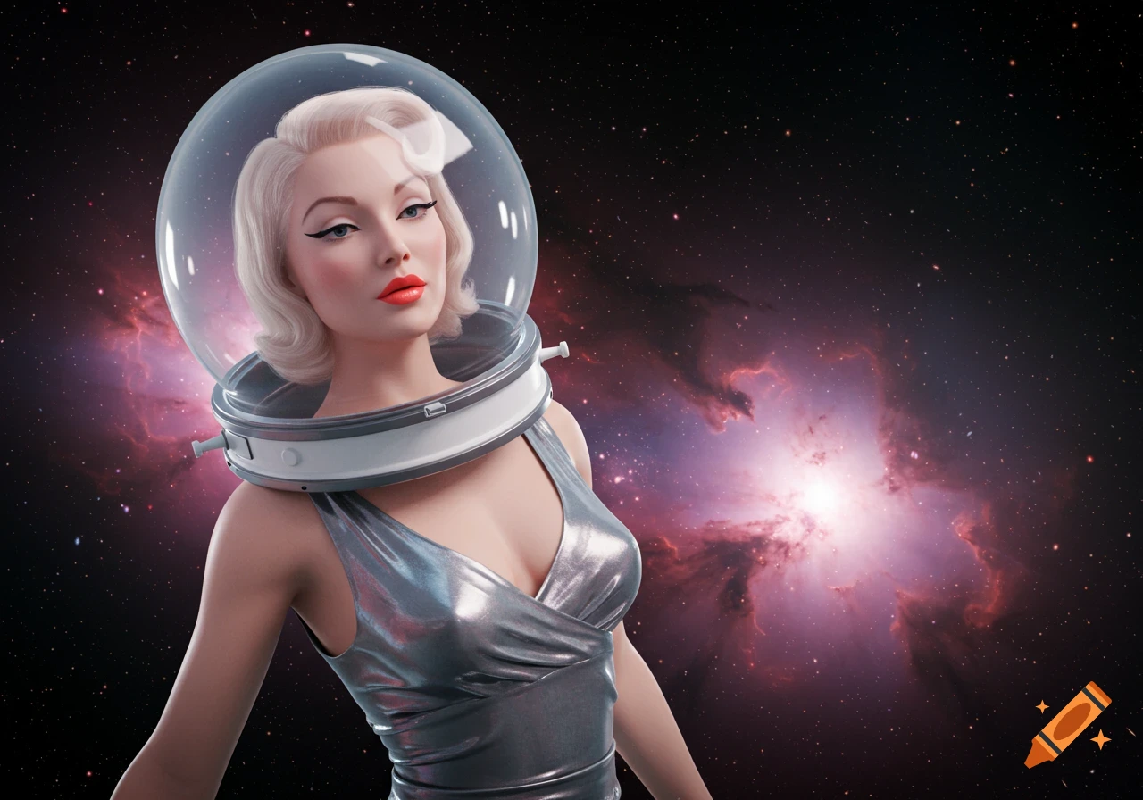 Retro-futuristic glamour model in a silver dress and bubble helmet in space.