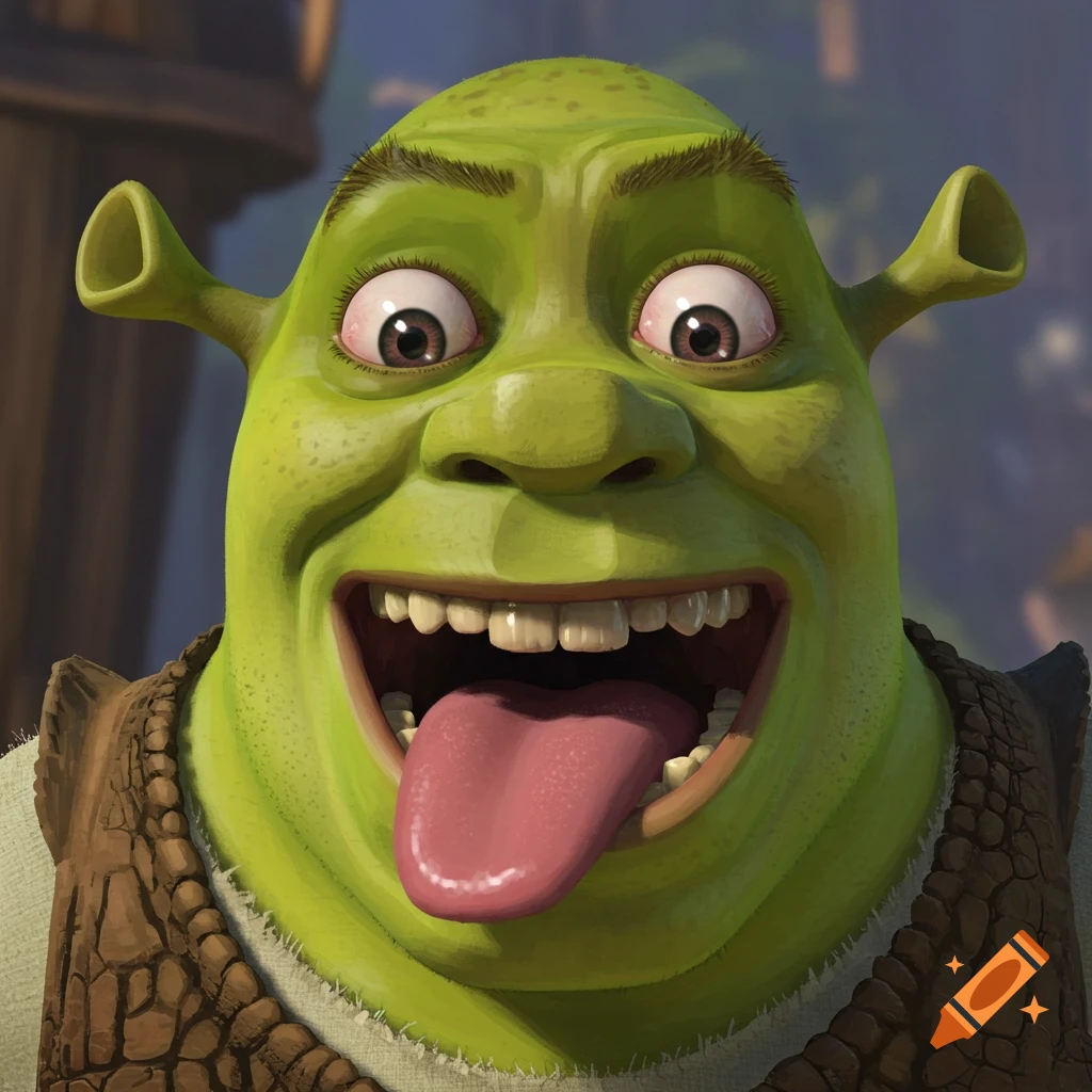 Close-up portrait of Shrek with wide eyes and tongue sticking out