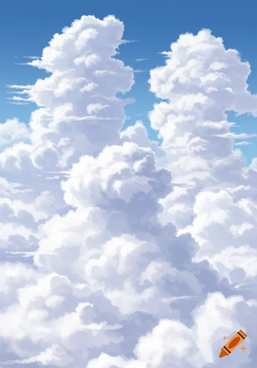 Fluffy white clouds fill a blue sky, illustration style.