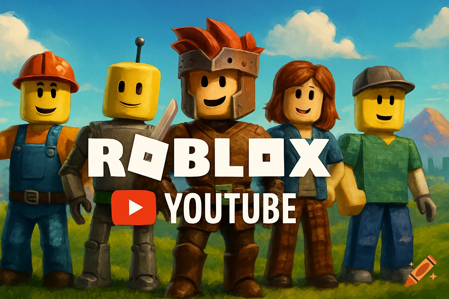 Five Roblox characters stand in a field with text overlay saying ROBLOX YOUTUBE.
