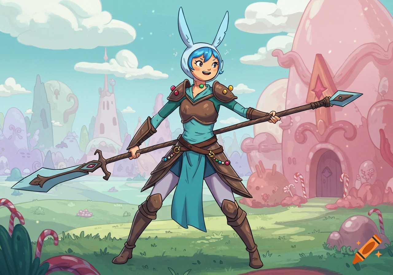 Fionna in warrior armor holding two polearms in an Adventure Time style world.