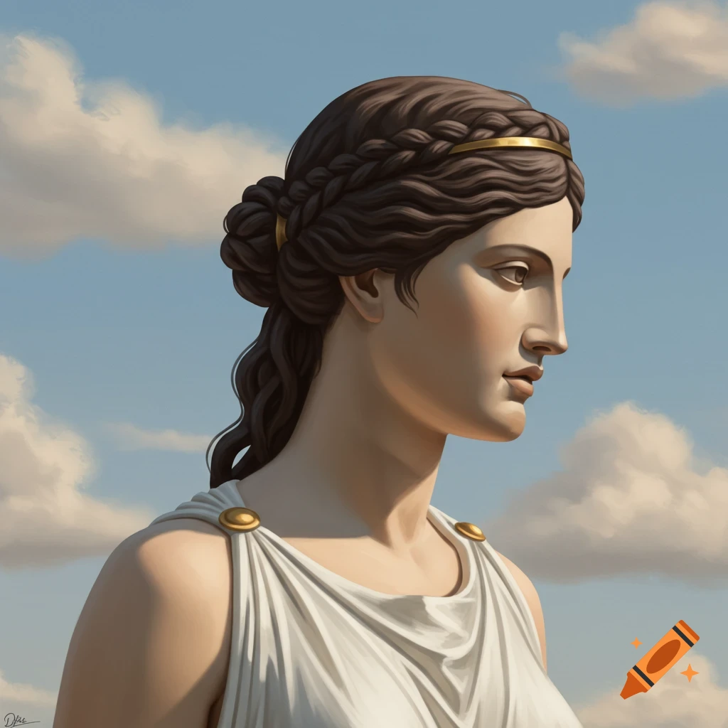 Portrait of a woman in classical Greek style, resembling a statue, against a sky background.