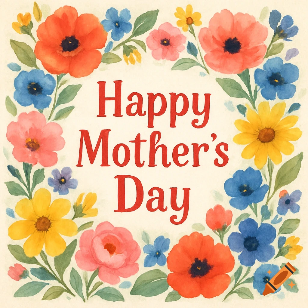 Watercolor illustration of a floral border around the text "Happy Mother's Day".