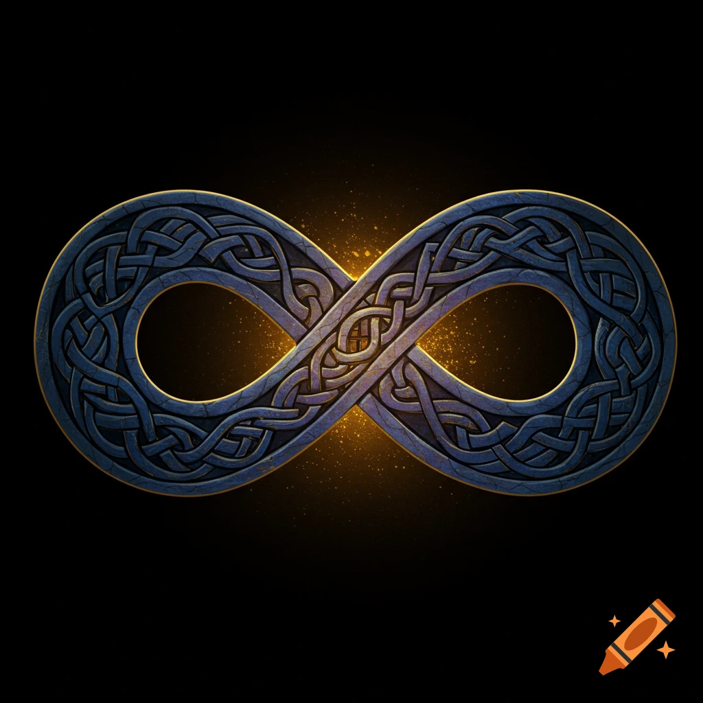 Detailed blue stone or metal infinity symbol with celtic knotwork and glowing gold edges on a black background.