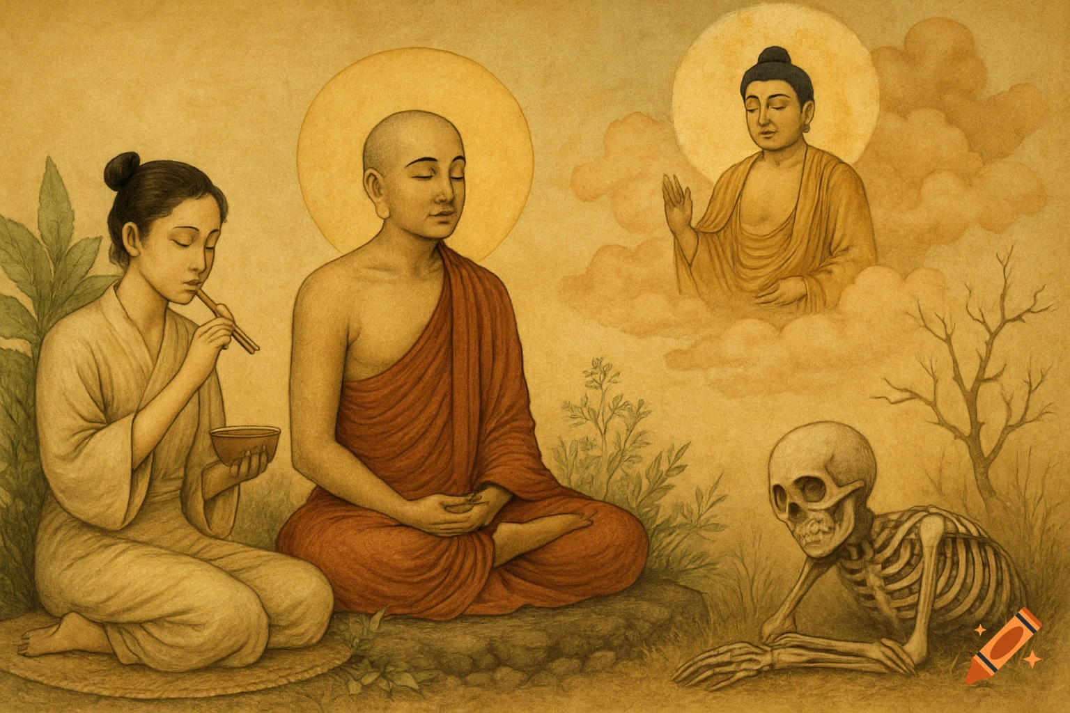Painting of meditating figures, a figure of Buddha in clouds, and a skeleton