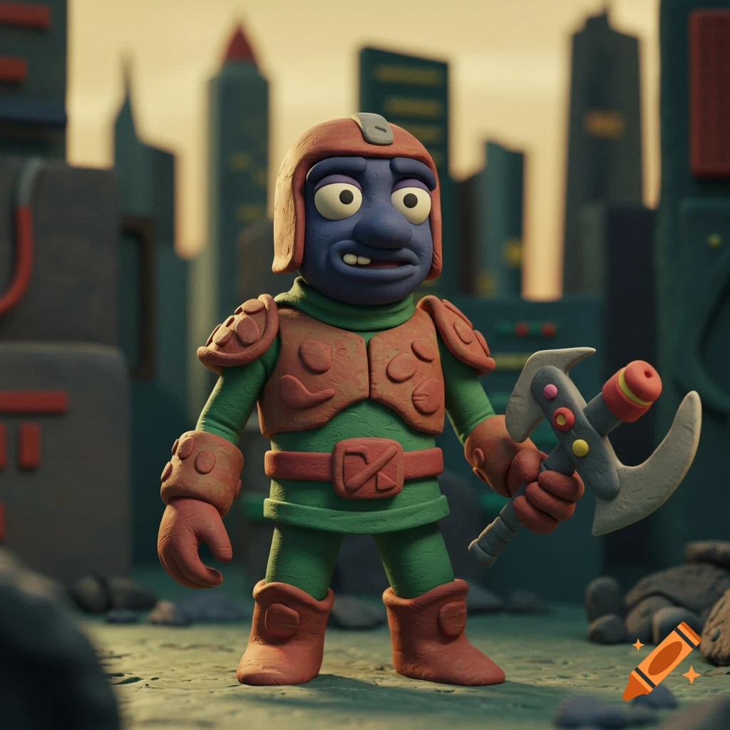Claymation superhero in armor with an axe stands before a cityscape.