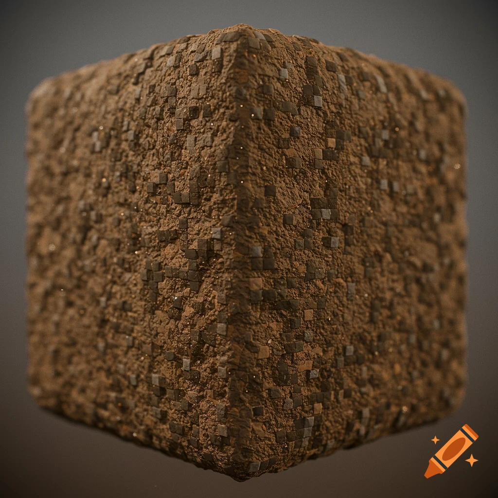 Close up of a textured cube resembling a Minecraft dirt block.