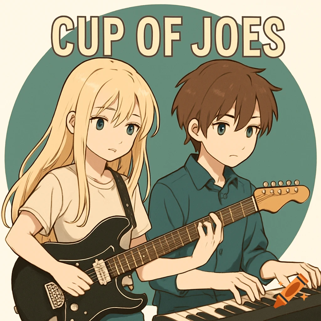 Anime girl with blonde hair plays electric guitar, anime boy with brown hair plays keyboard, with text 'CUP OF JOES'.