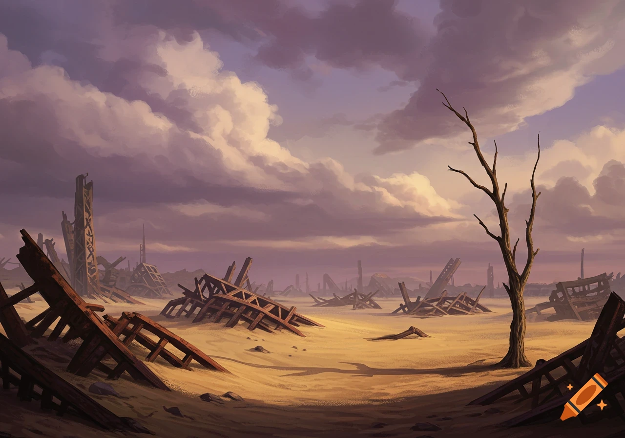 Digital painting of a desolate post-apocalyptic landscape with ruins and a bare tree under a cloudy sky.