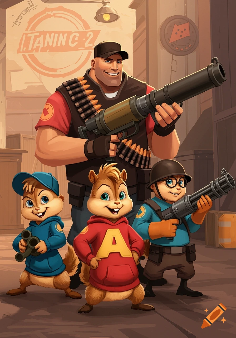 Alvin and the Chipmunks characters dressed as Team Fortress 2 classes stand with the Heavy holding a minigun.