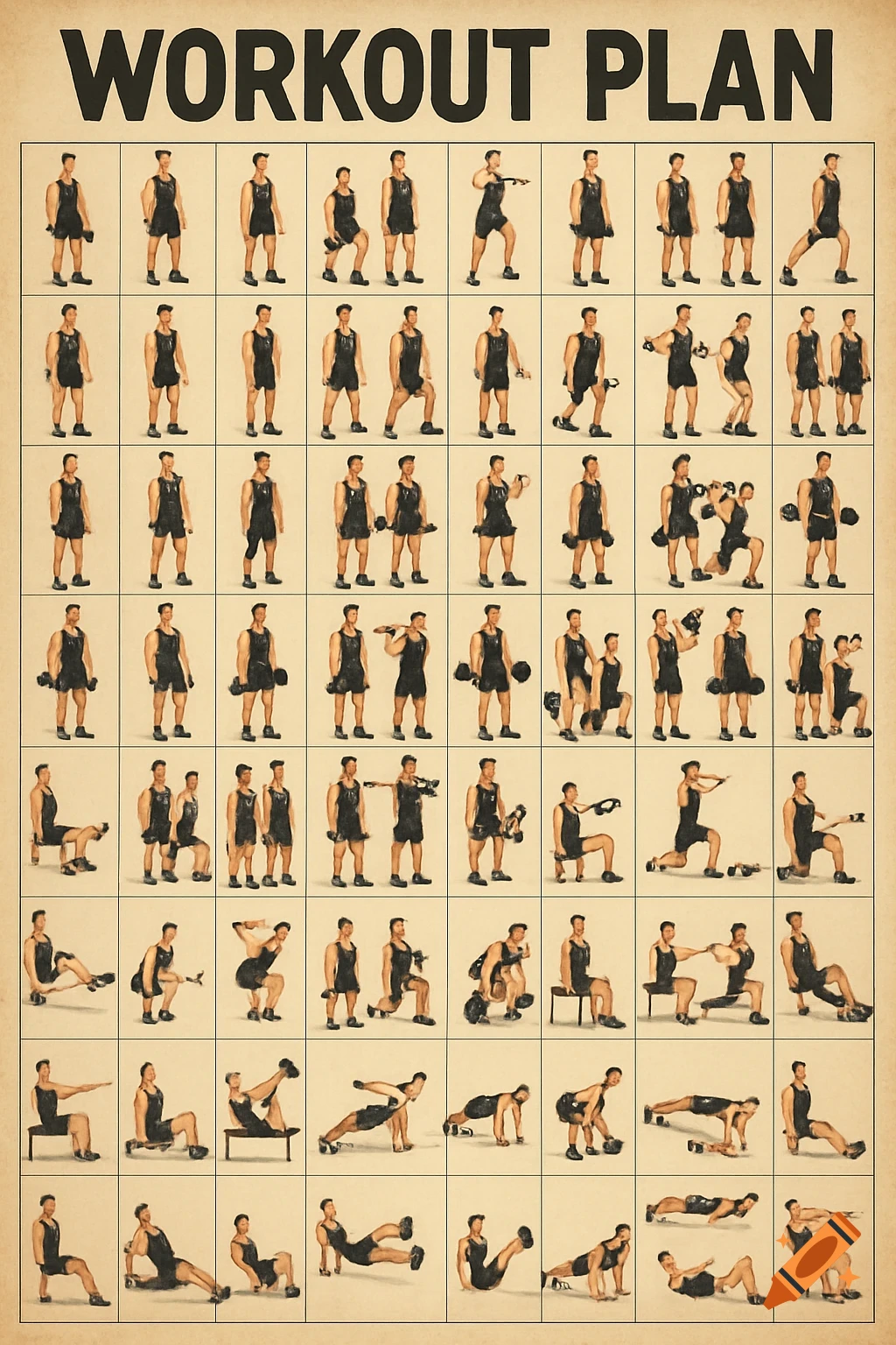 A chart showing many different workout exercises with figures demonstrating each pose.