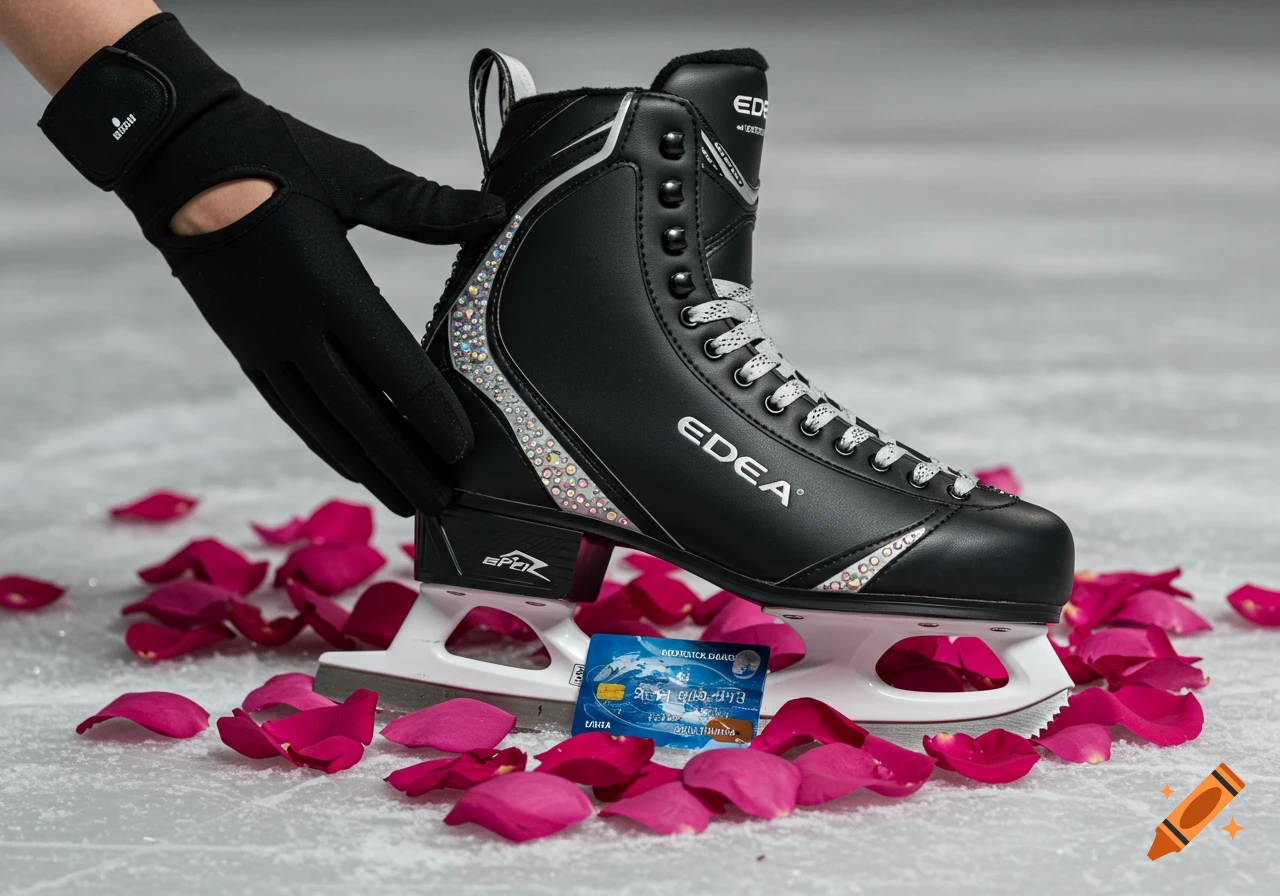 Black figure skate on ice with rose petals and a crushed credit card, touched by a gloved hand.