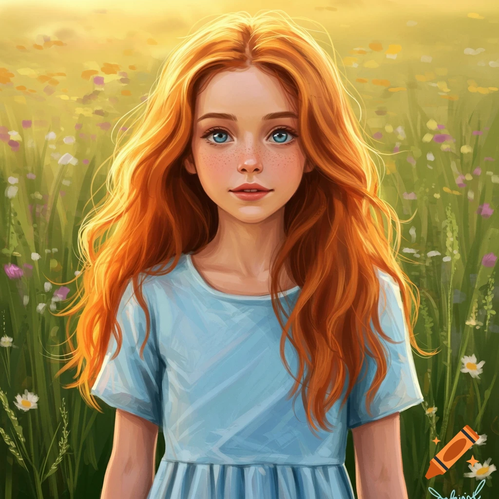 Portrait of a young girl with red hair and blue eyes in a sunny field of flowers.