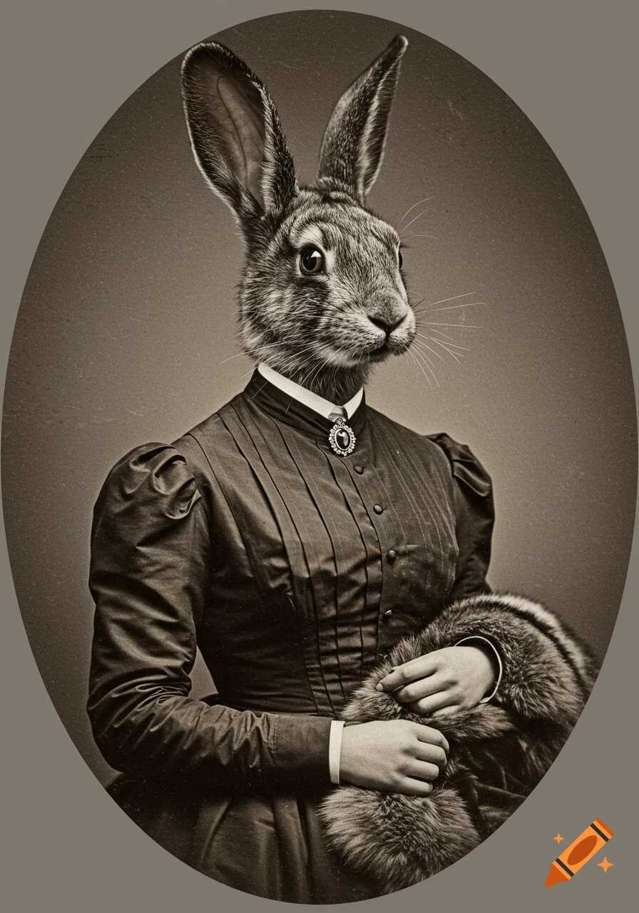 Sepia portrait of anthropomorphic rabbit in Victorian dress holding fur ...