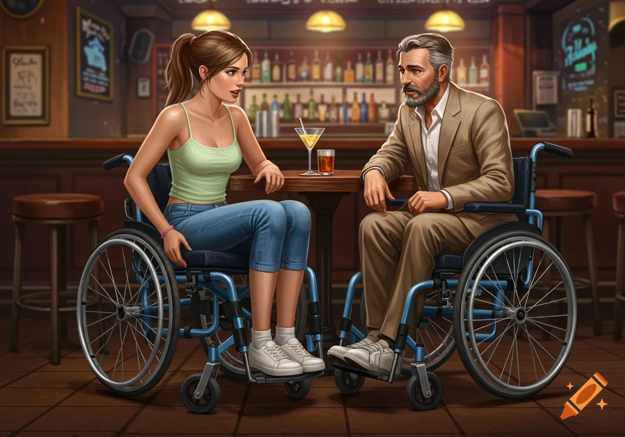 Two people in wheelchairs talking at a bar table.