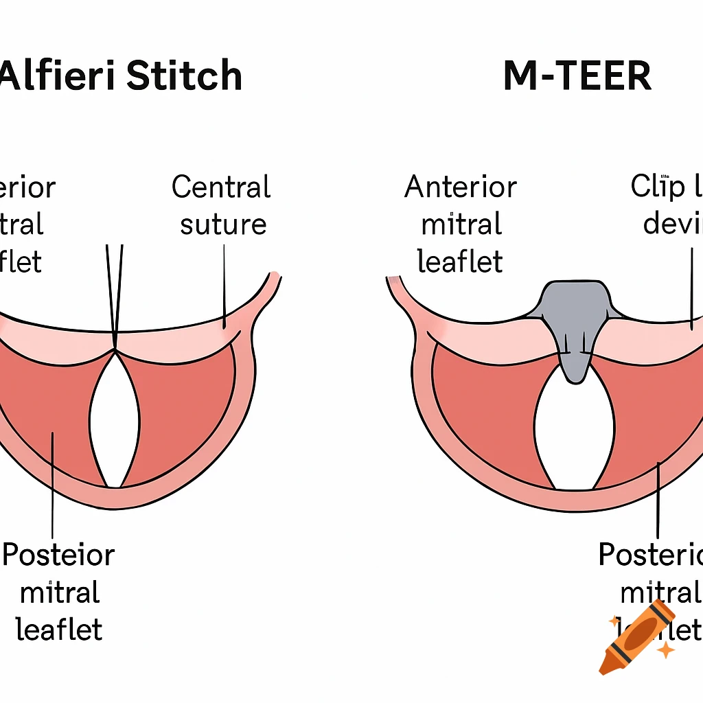 Diagram comparing surgical Alfieri stitch and M-TEER mitral valve repair.