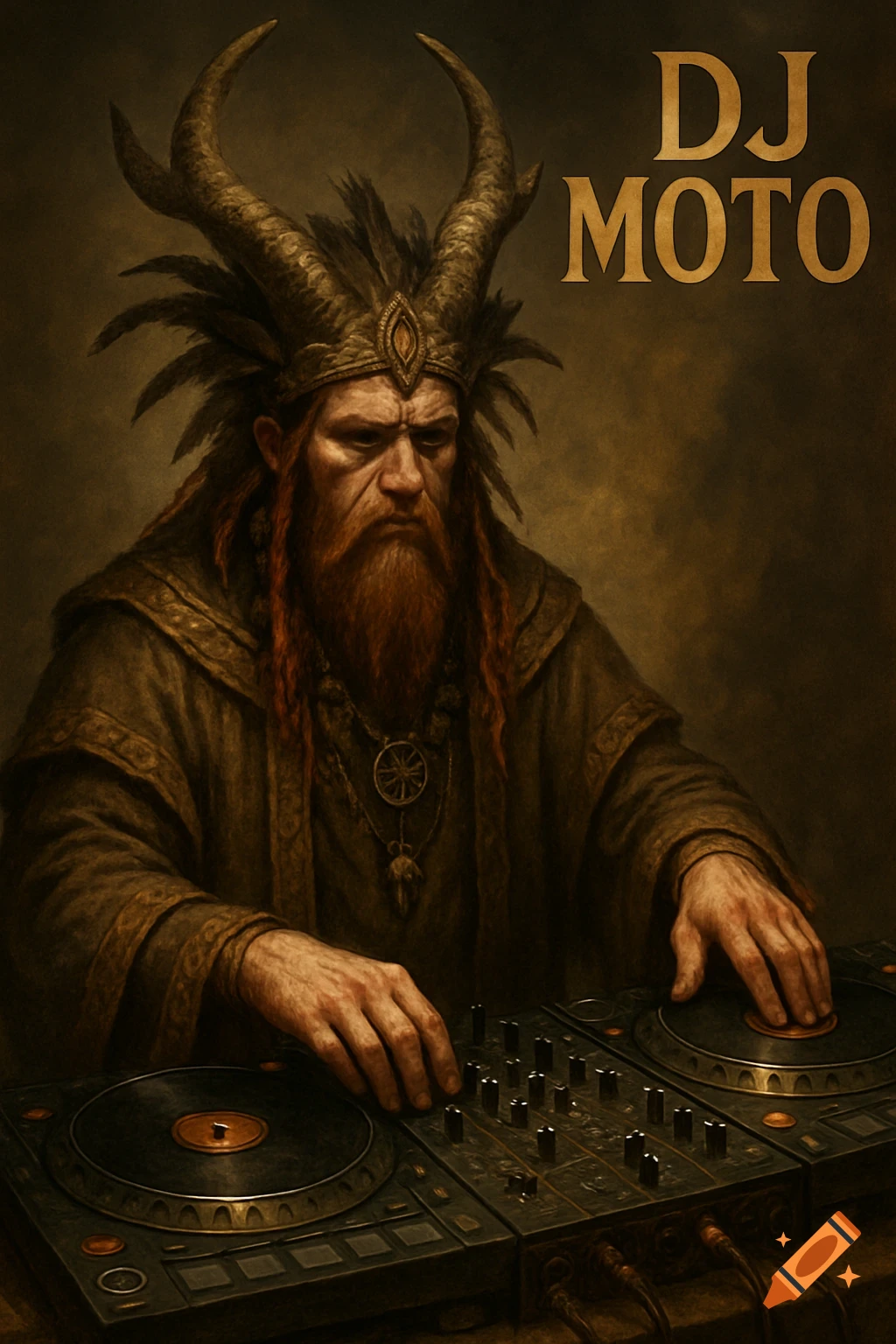 Pagan figure with horns and beard DJing on turntables, painterly style