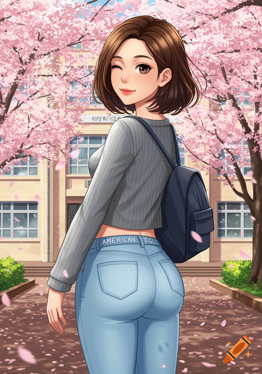 Anime girl winks over shoulder by school with cherry blossoms.
