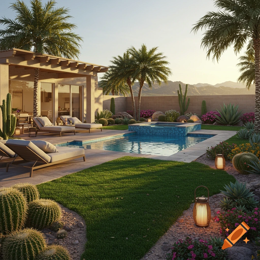 Photorealistic image of a modern desert backyard with pool, lounge chairs, and palm trees