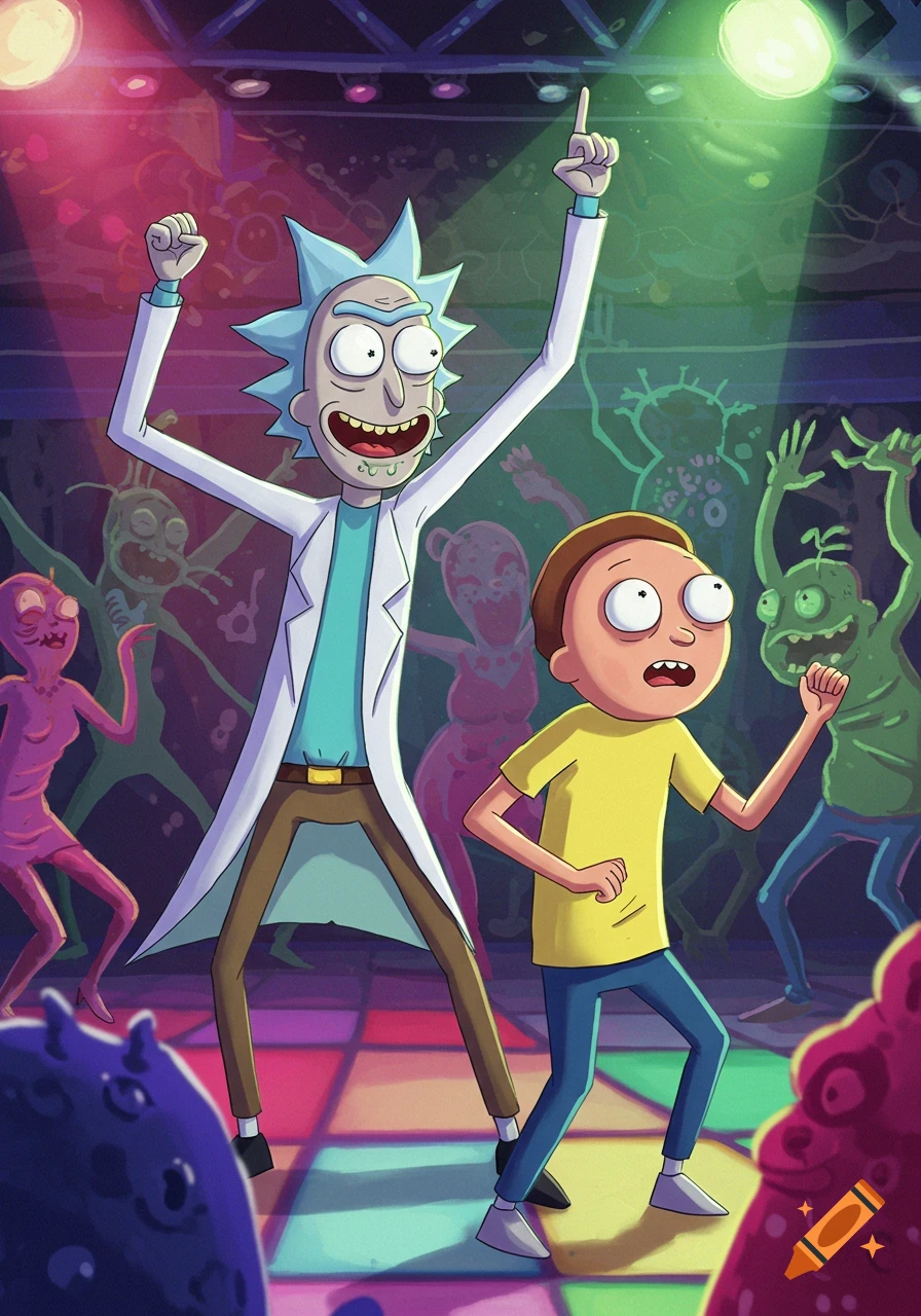 Rick and Morty dance with aliens at a disco party in cartoon style.