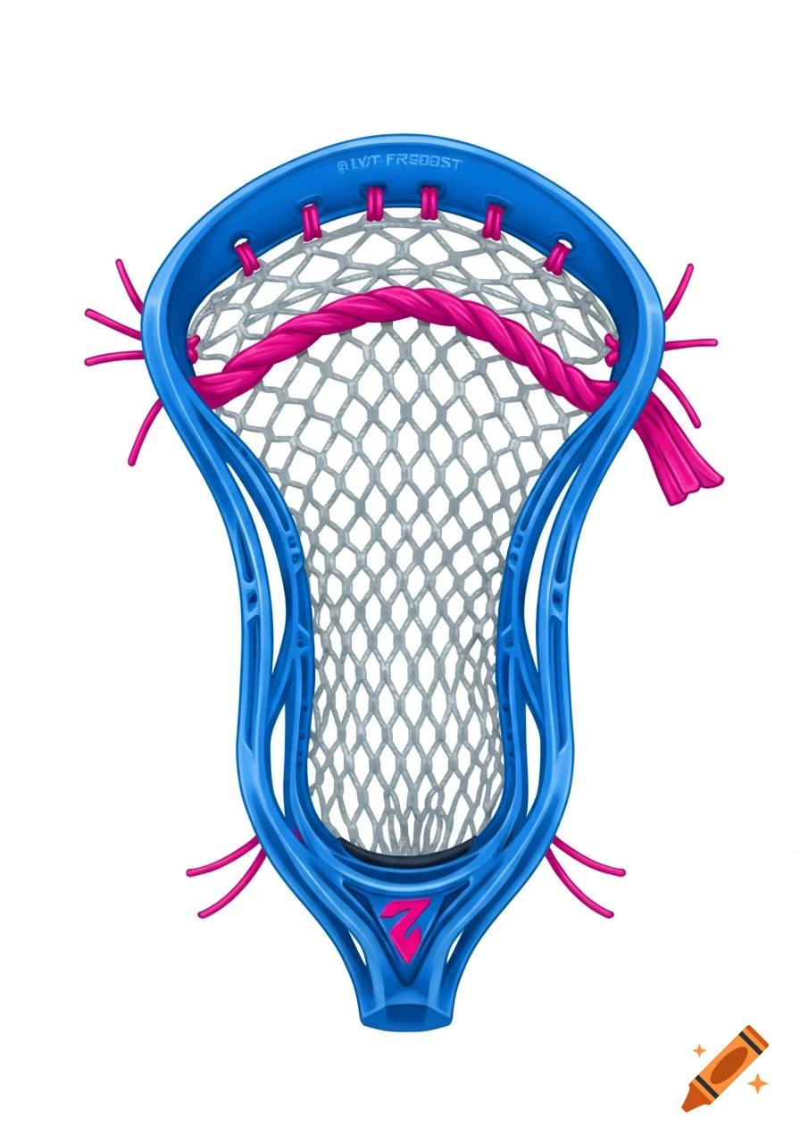 A blue lacrosse head with pink lacing and mesh.